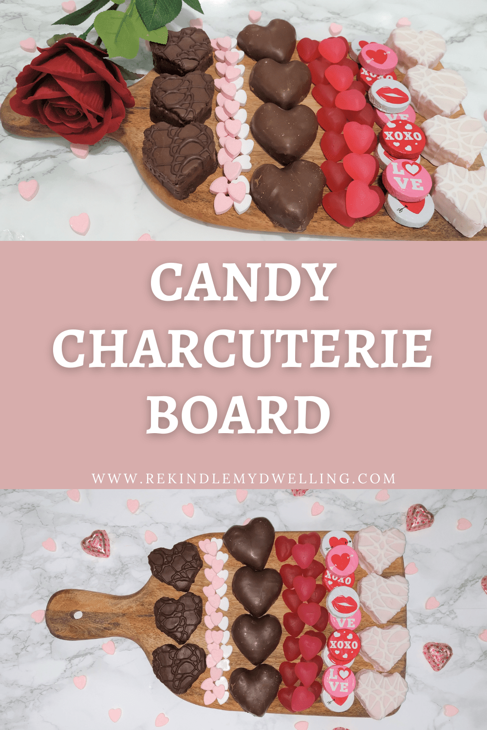 Collage image of candy charcuterie boards with text overlay.
