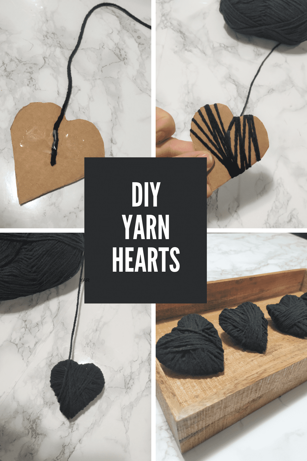 Collage images showing how to make yarn wrapped hearts.