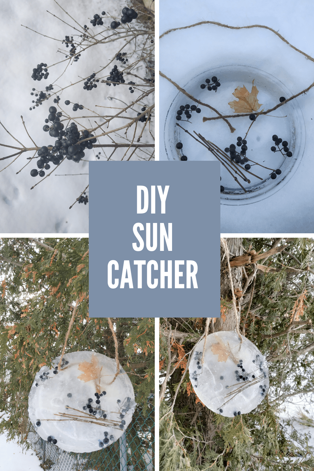 Collage images of an ice sun catcher with text overlay.