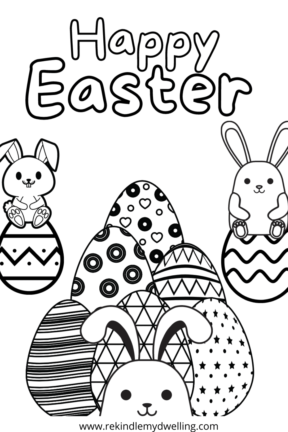 Easter coloring page with text overlay.