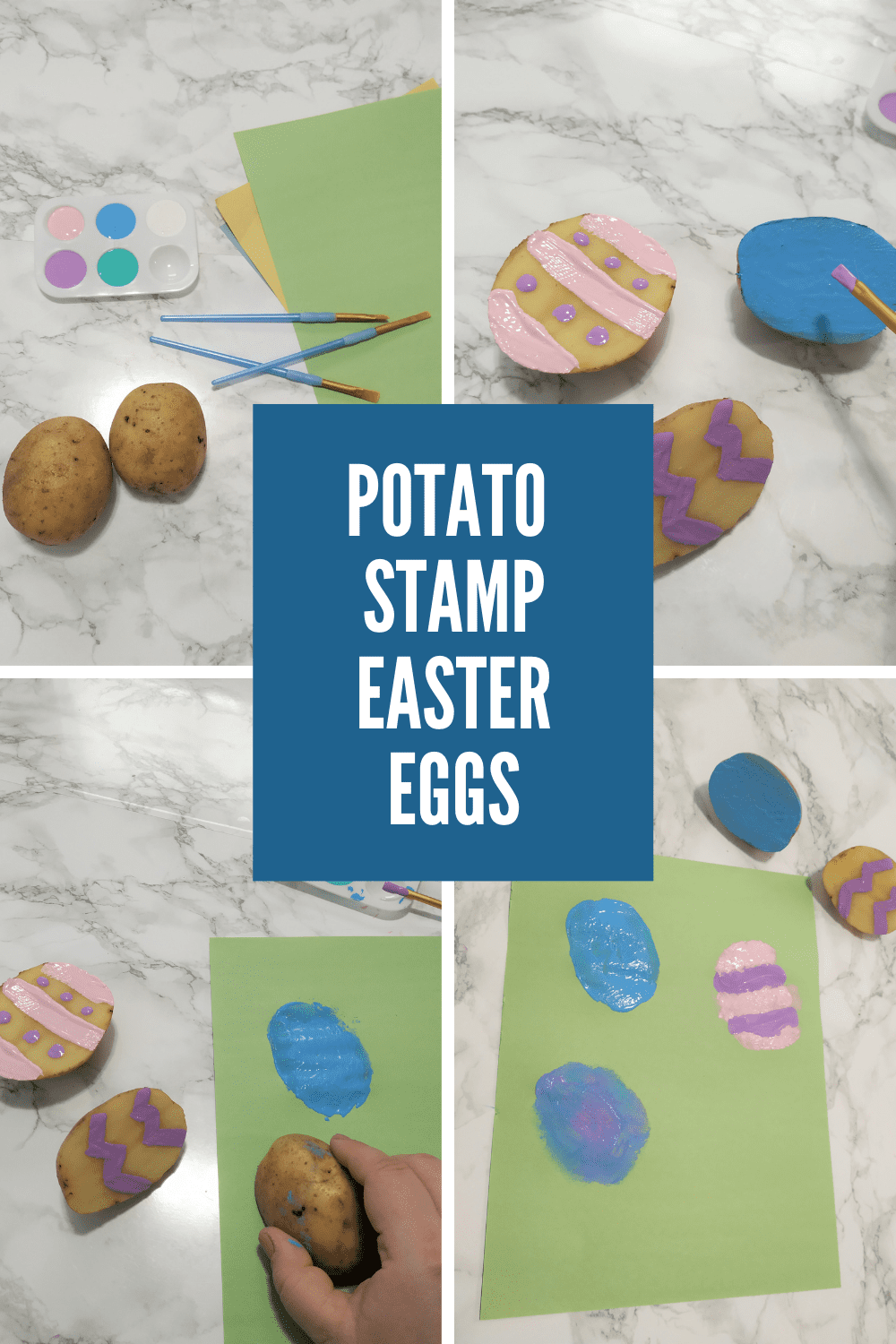 Collage images of potato stamp Easter eggs with text overlay.