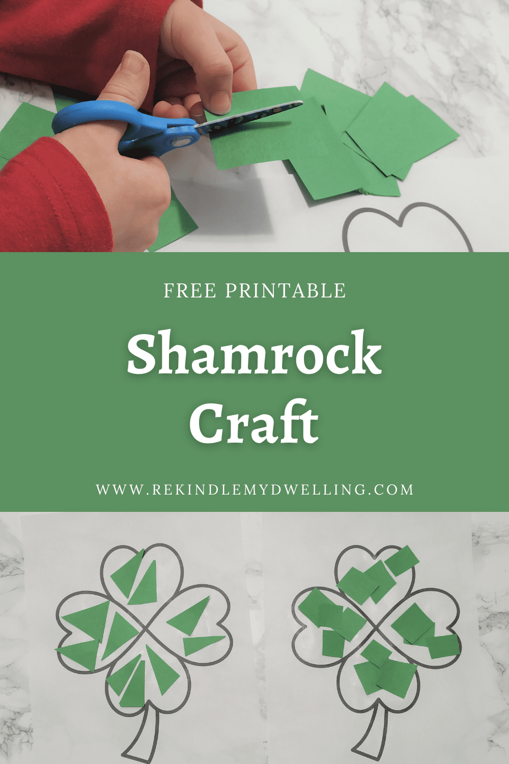 Collage images with text overlay of shamrock coloring page craft.