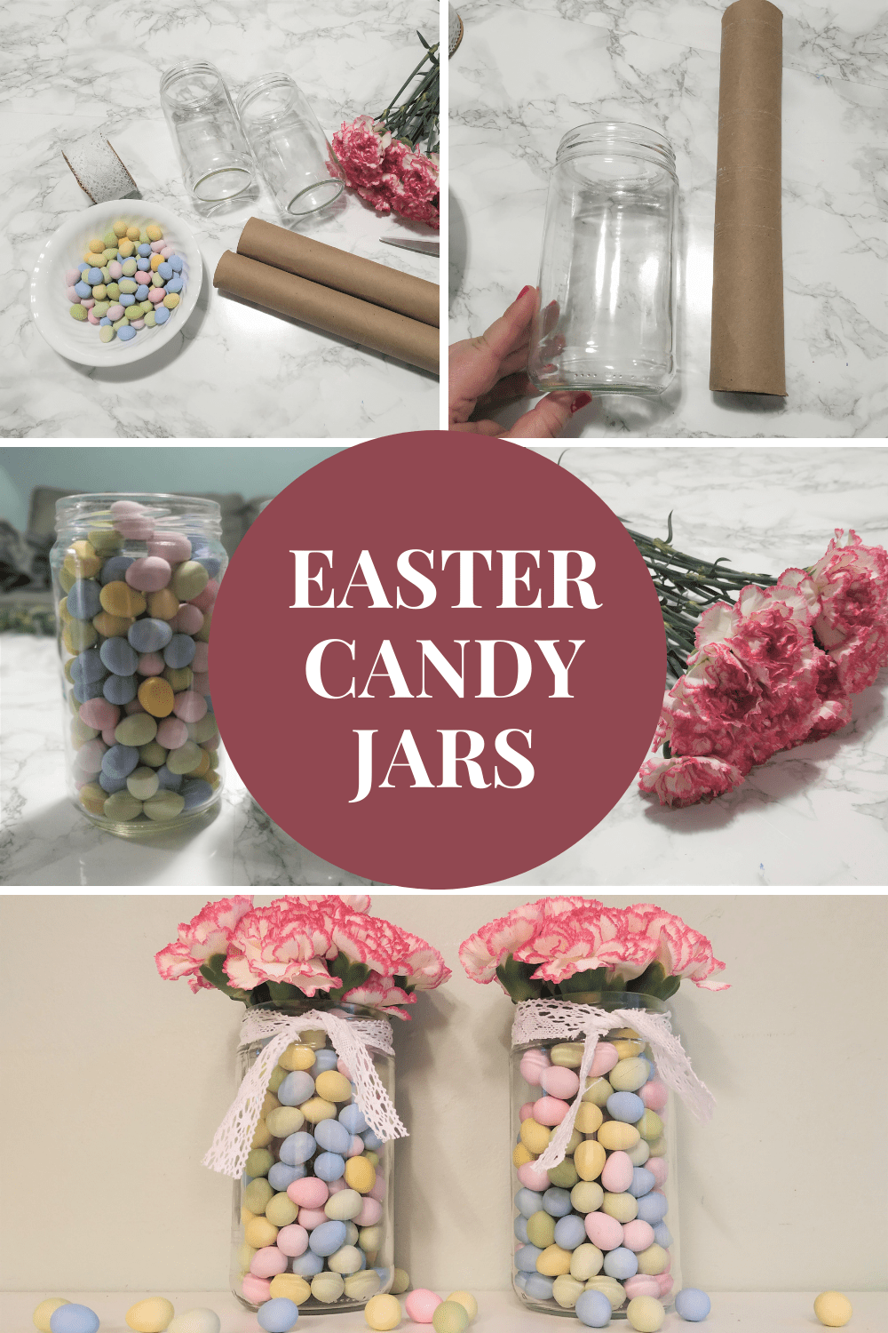 Collage of process pictures to make Easter candy jars with text overlay.