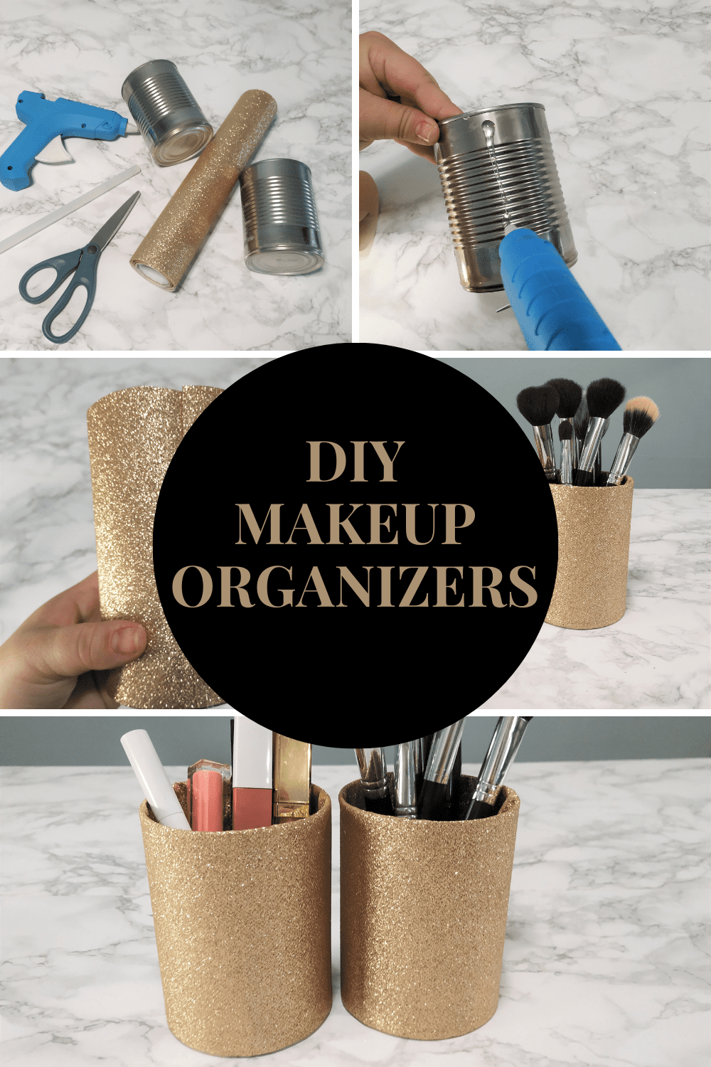 Collage of process pictures to create a makeup organizer with text overlay. 