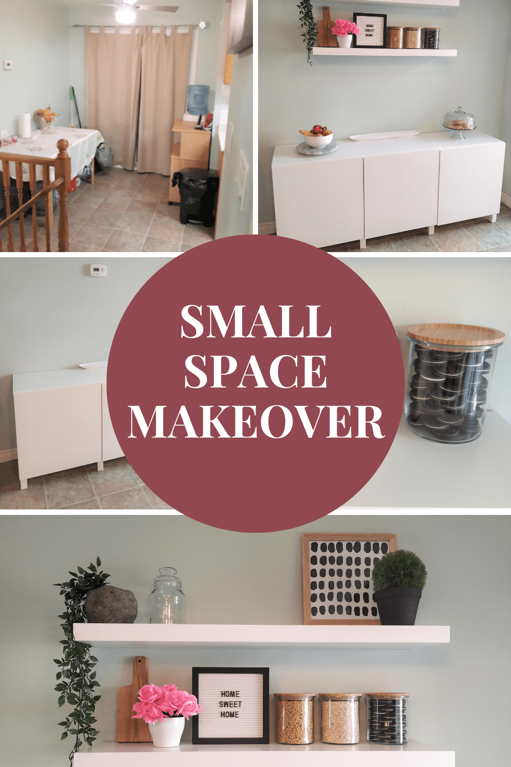 Collage of small space makeover with text overlay.