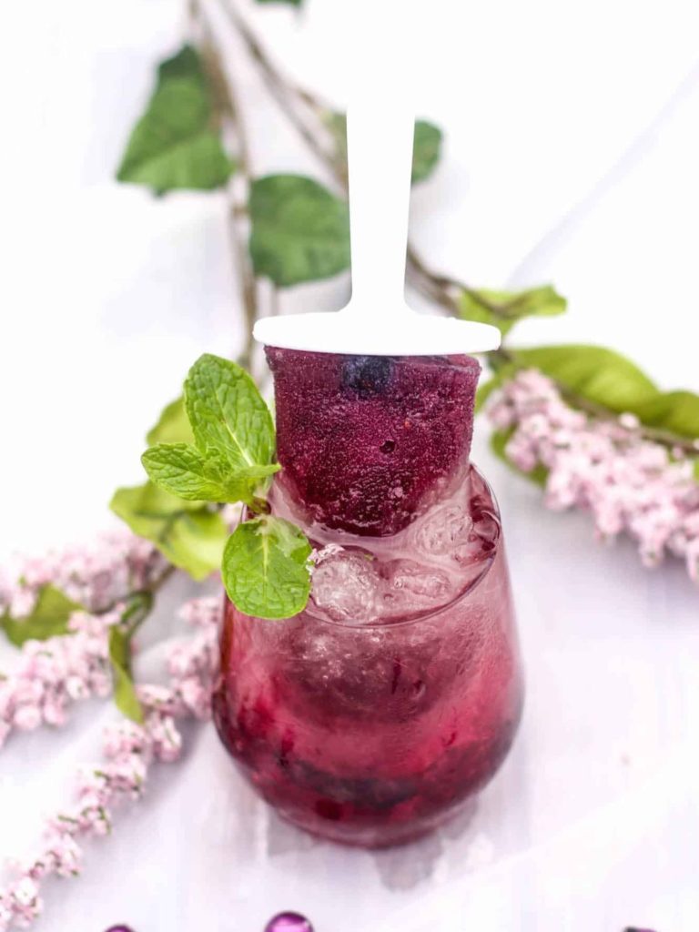 Blueberry popsicle in a cocktail glass.