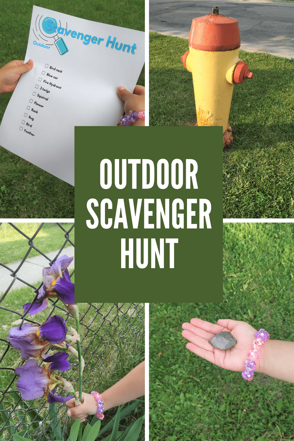 Collage of things collected from the outdoor scavenger hunt with text overlay.