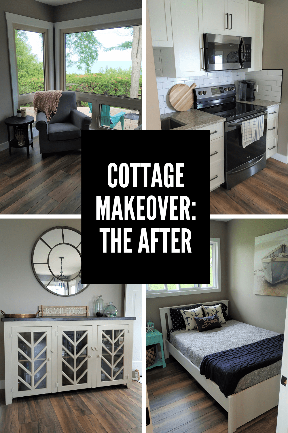 Collage of a cottage makeover with text overlay.