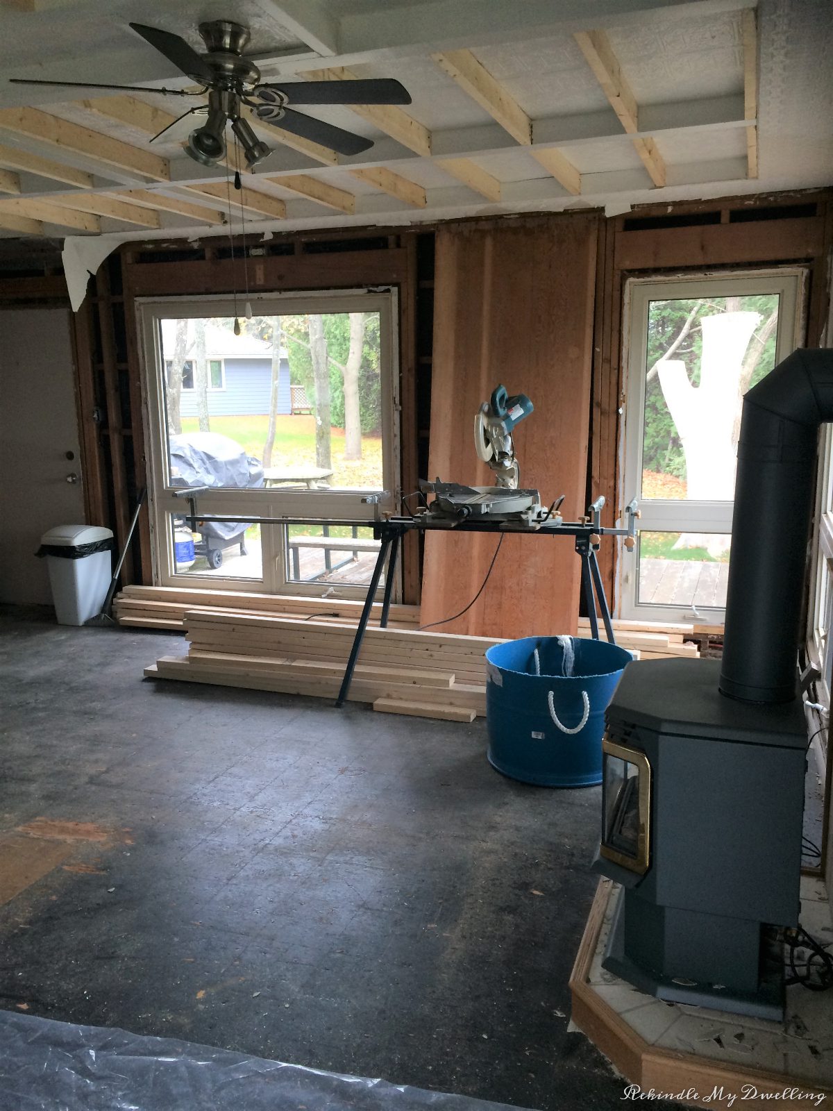 Cottage renovation showing wood and saw.