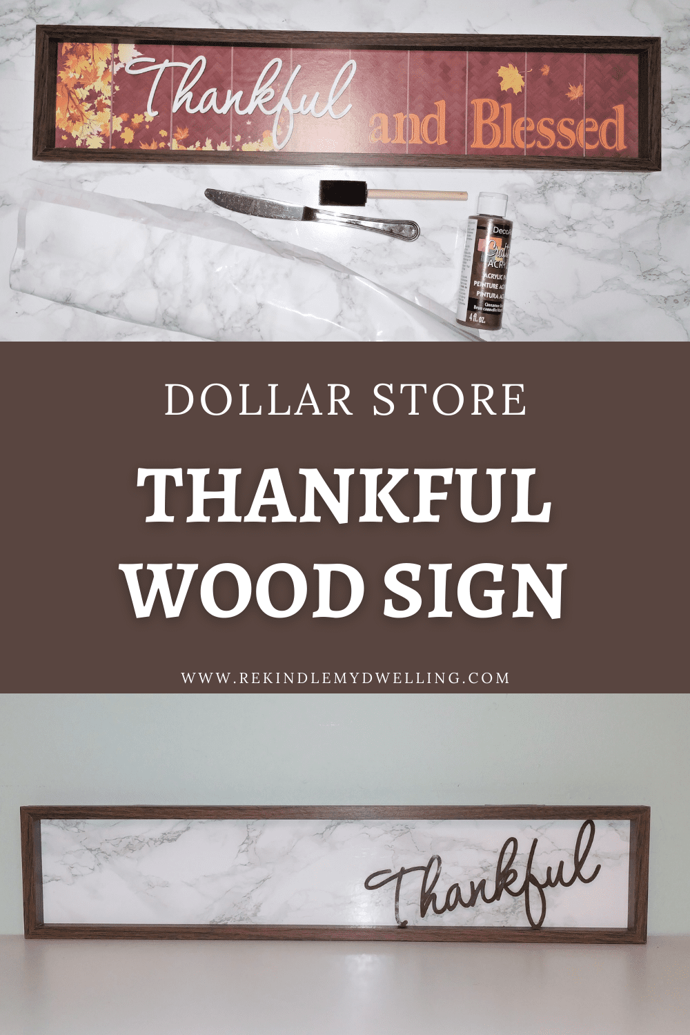 DIY thankful wood sign collage with text overlay.