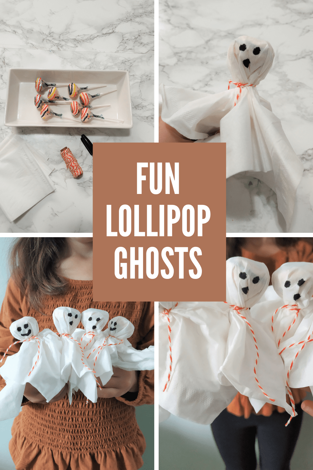 Collage of diy lollipop ghosts with text overlay.