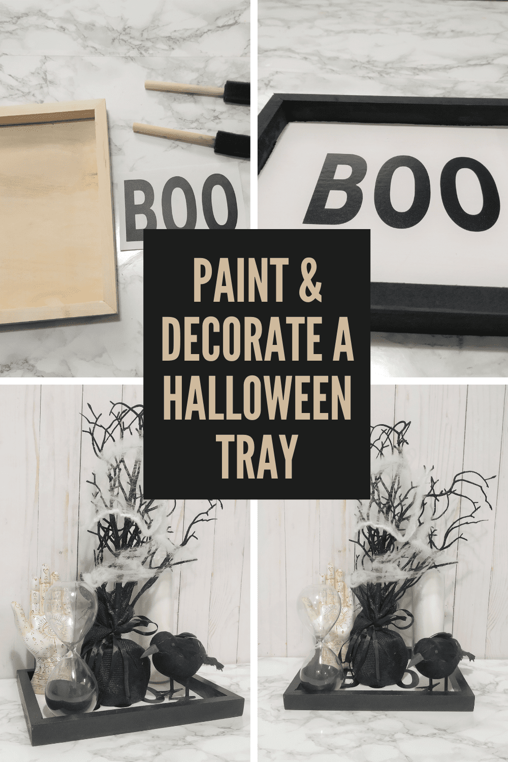 Collage of Halloween wood tray with decorations and text overlay.