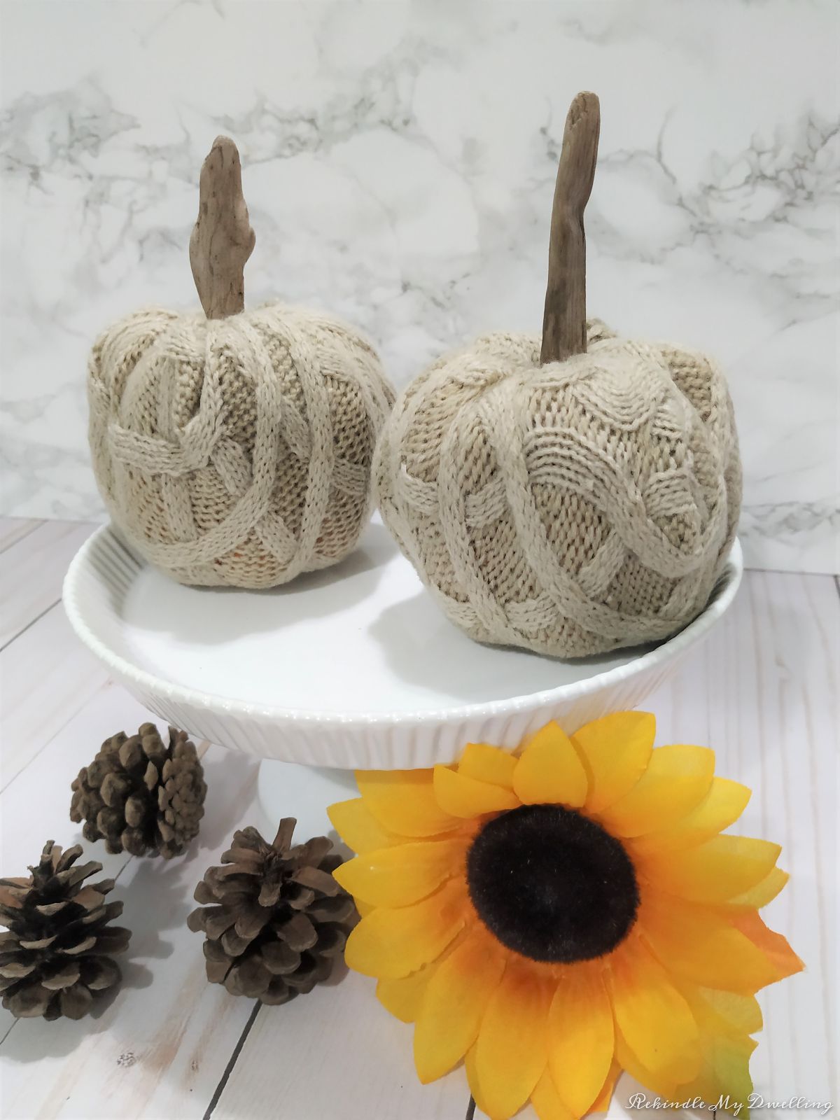 No-sew sweater pumpkins with fall decor.