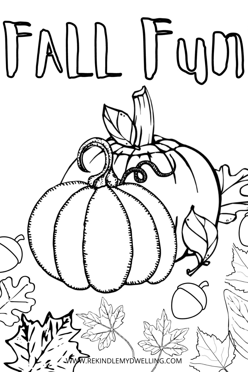 Fall coloring page with pumpkins and leaves.