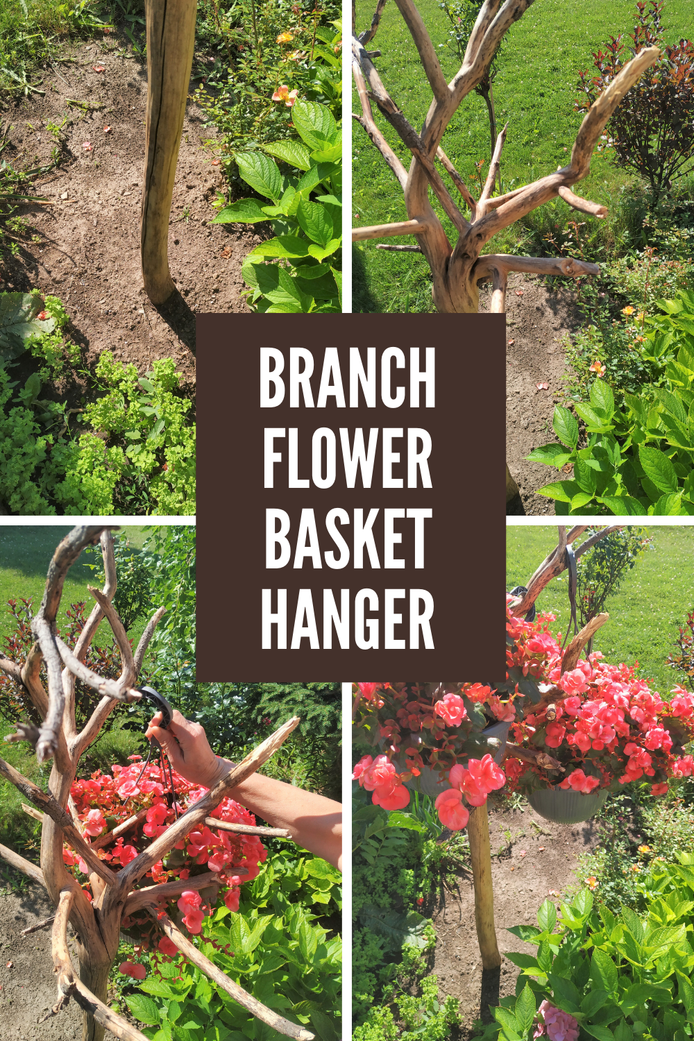 Collage of branch flower basket hanger with text overlay.