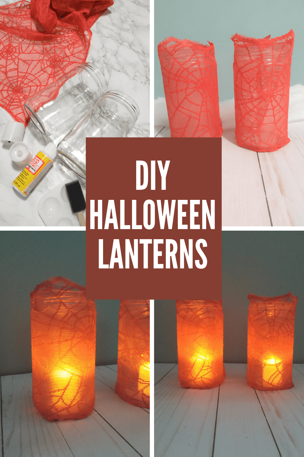 Collage with text overlay showing how to make diy halloween lanterns.