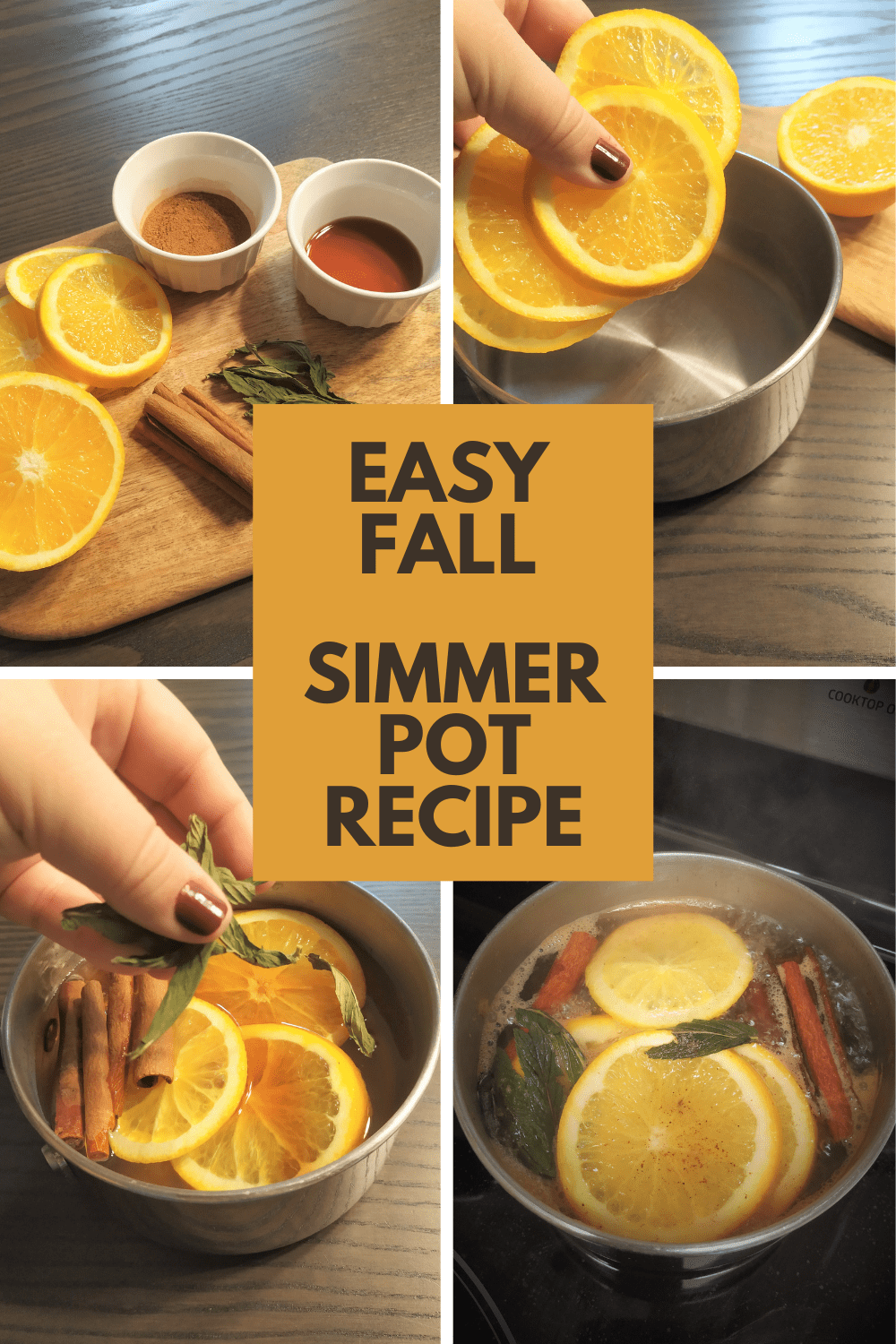 Collage of  how to make a fall simmering pot with text overlay.