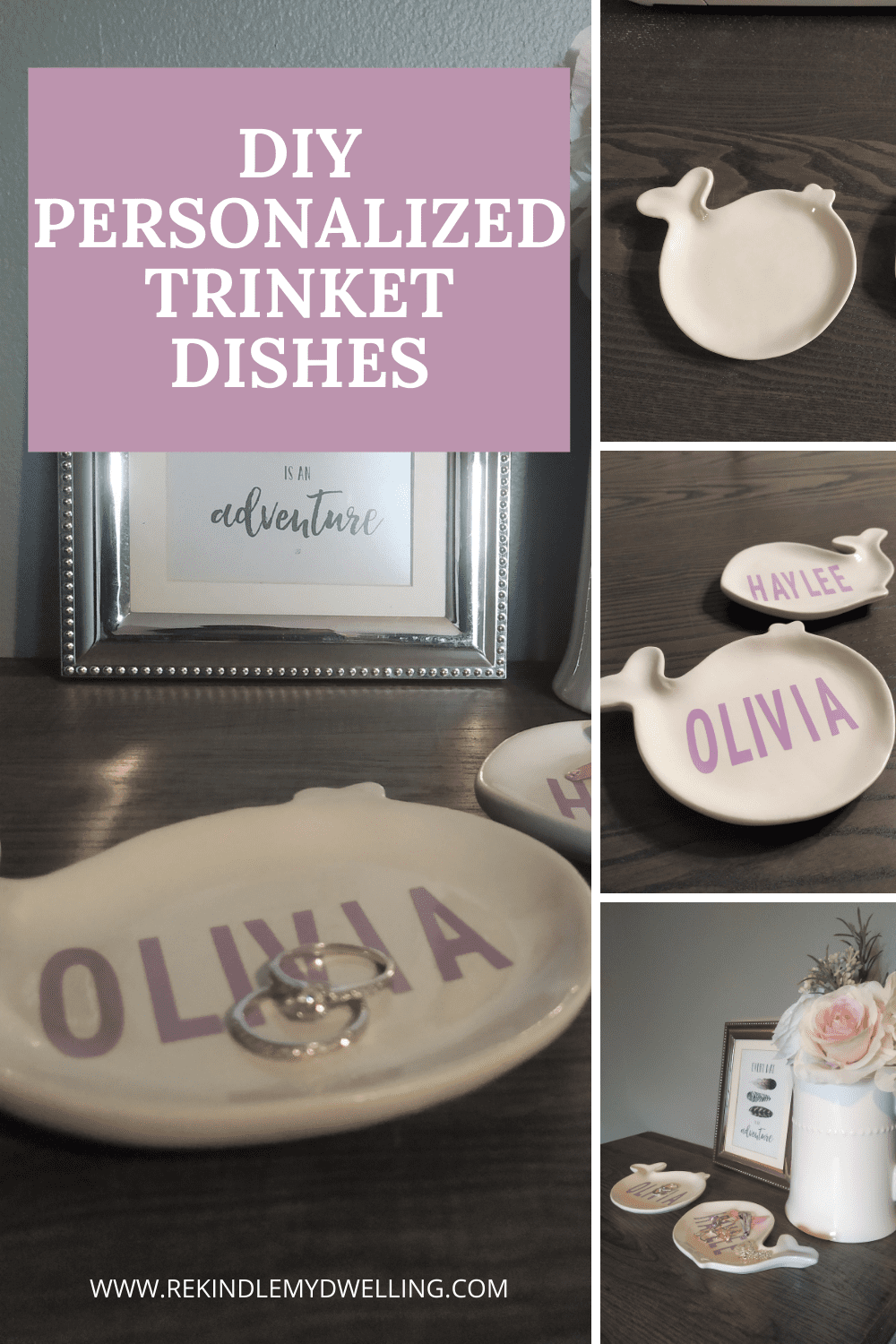 Collage of personalized trinket dishes with text overlay.