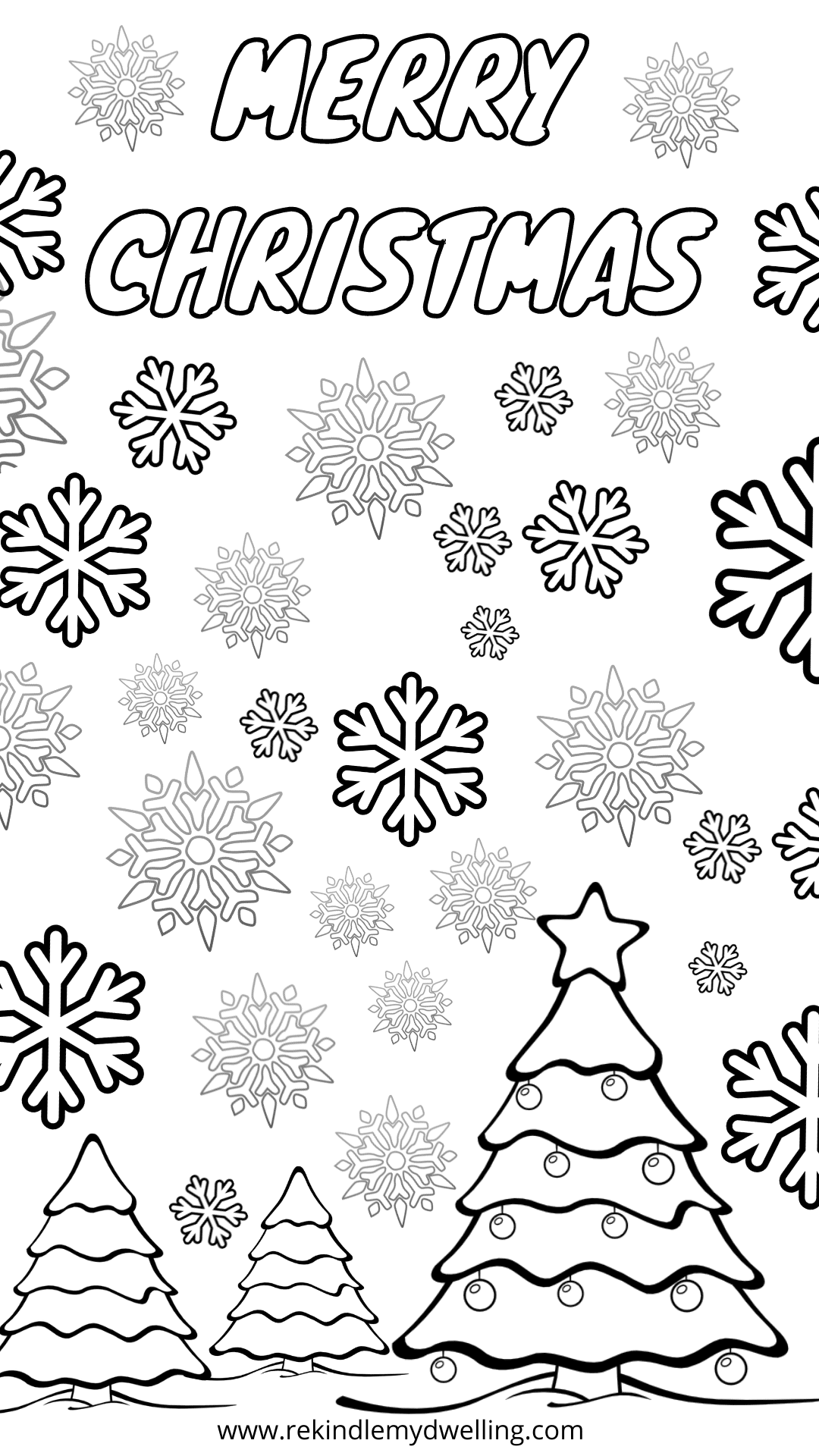 Christmas coloring page with trees and snowflakes.