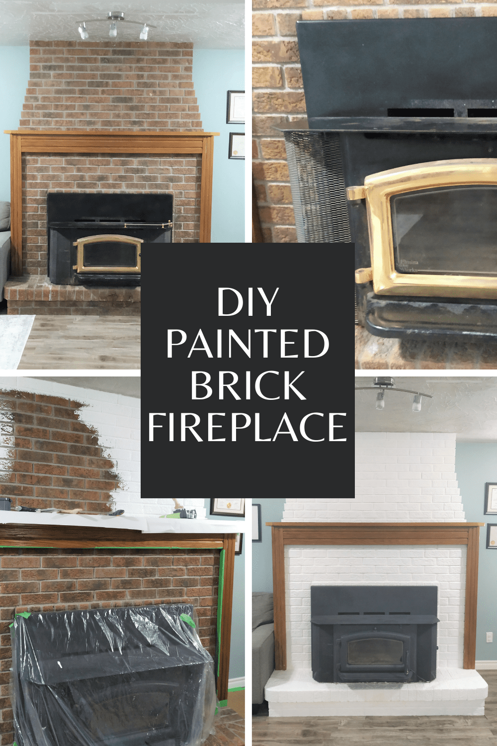 Collage of brick fireplace makeover process with text overlay.