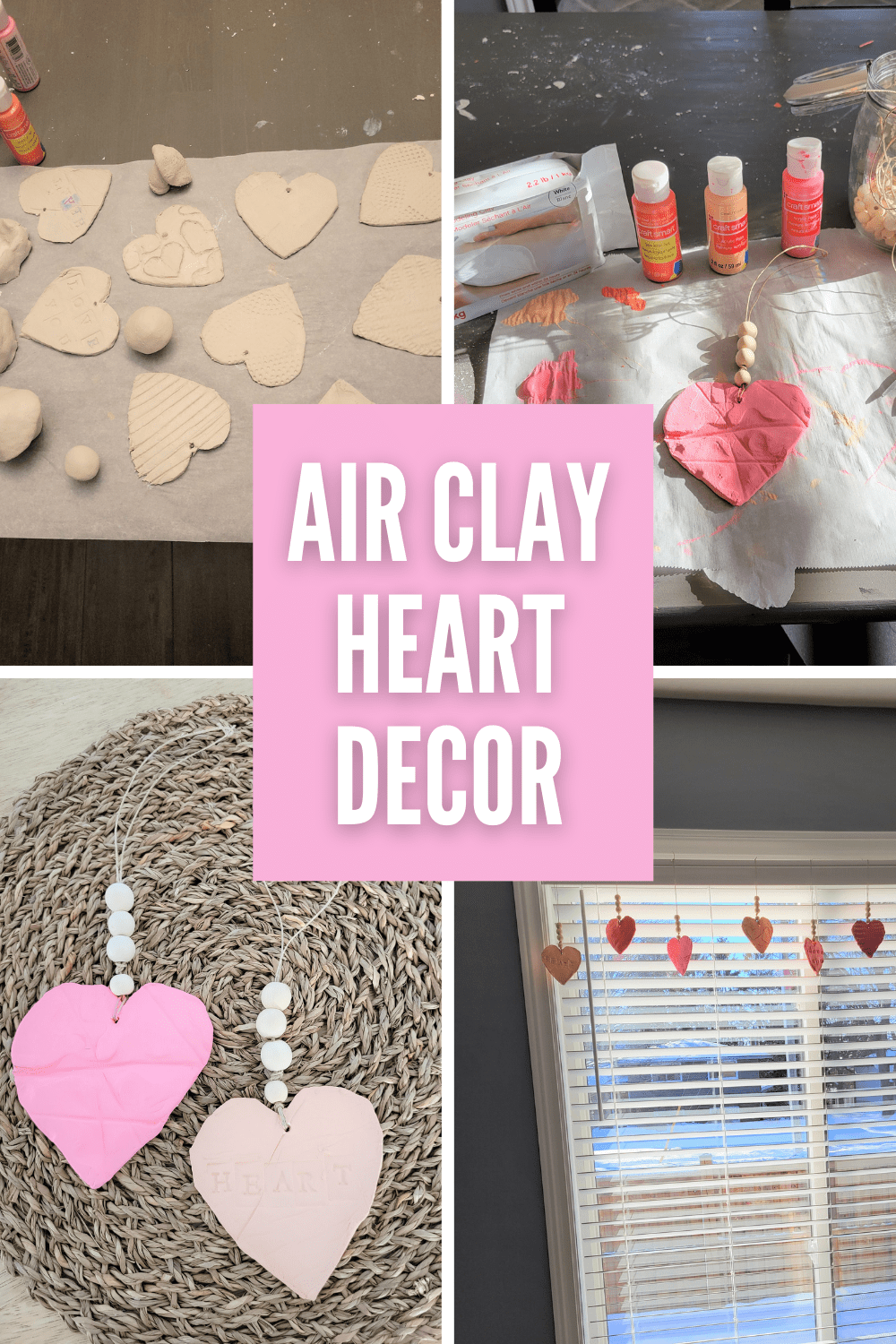 Collage of process pictures showing how to make heart ornaments with text overlay.