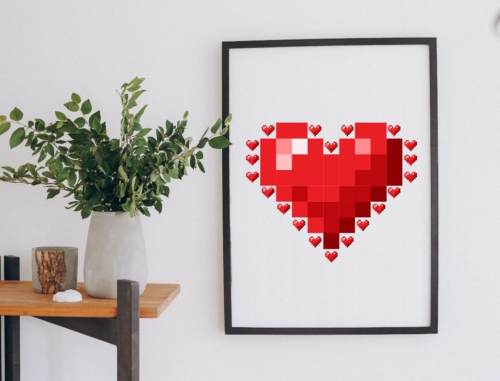 free pixel heart printable in a frame.