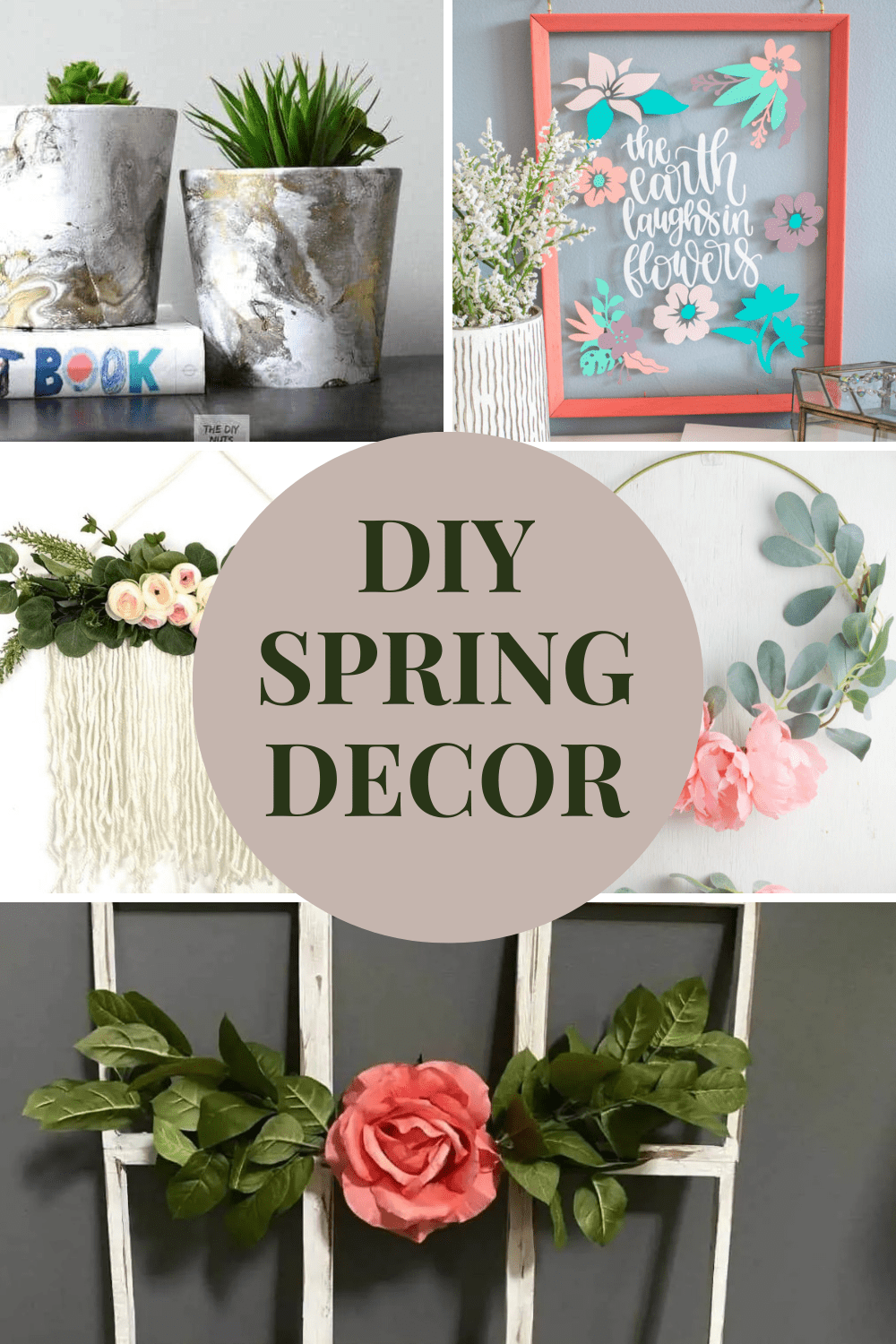 Collage of spring decor crafts for adults with text overlay.