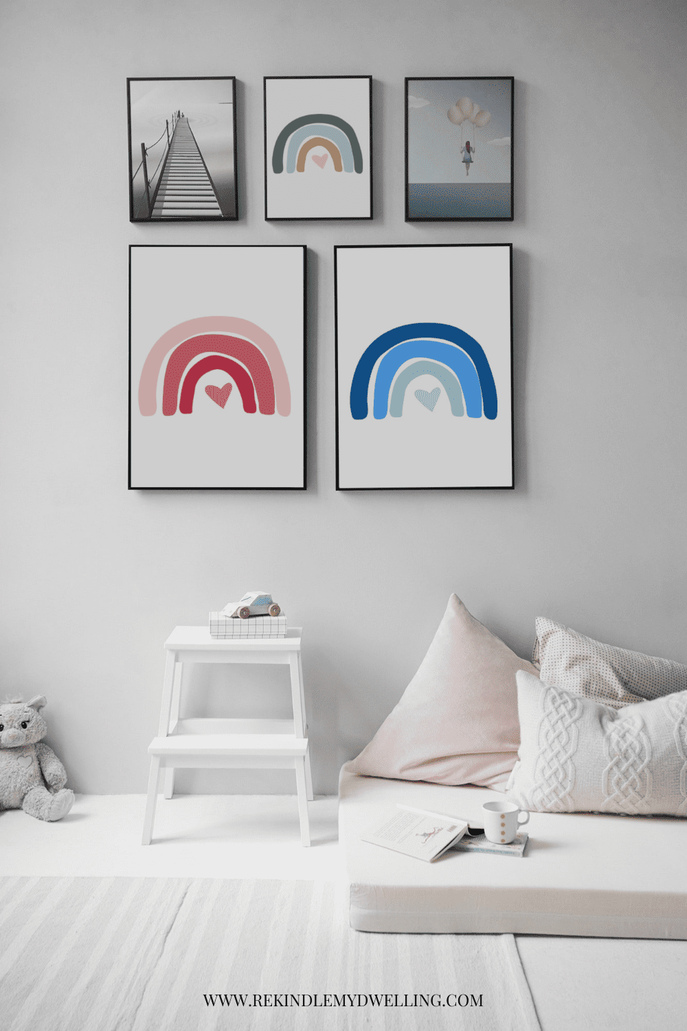 Free rainbow printable art in frames in a kids bedroom.