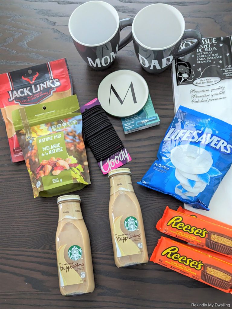 Treats and personal care items for a dollar store gift basket idea.