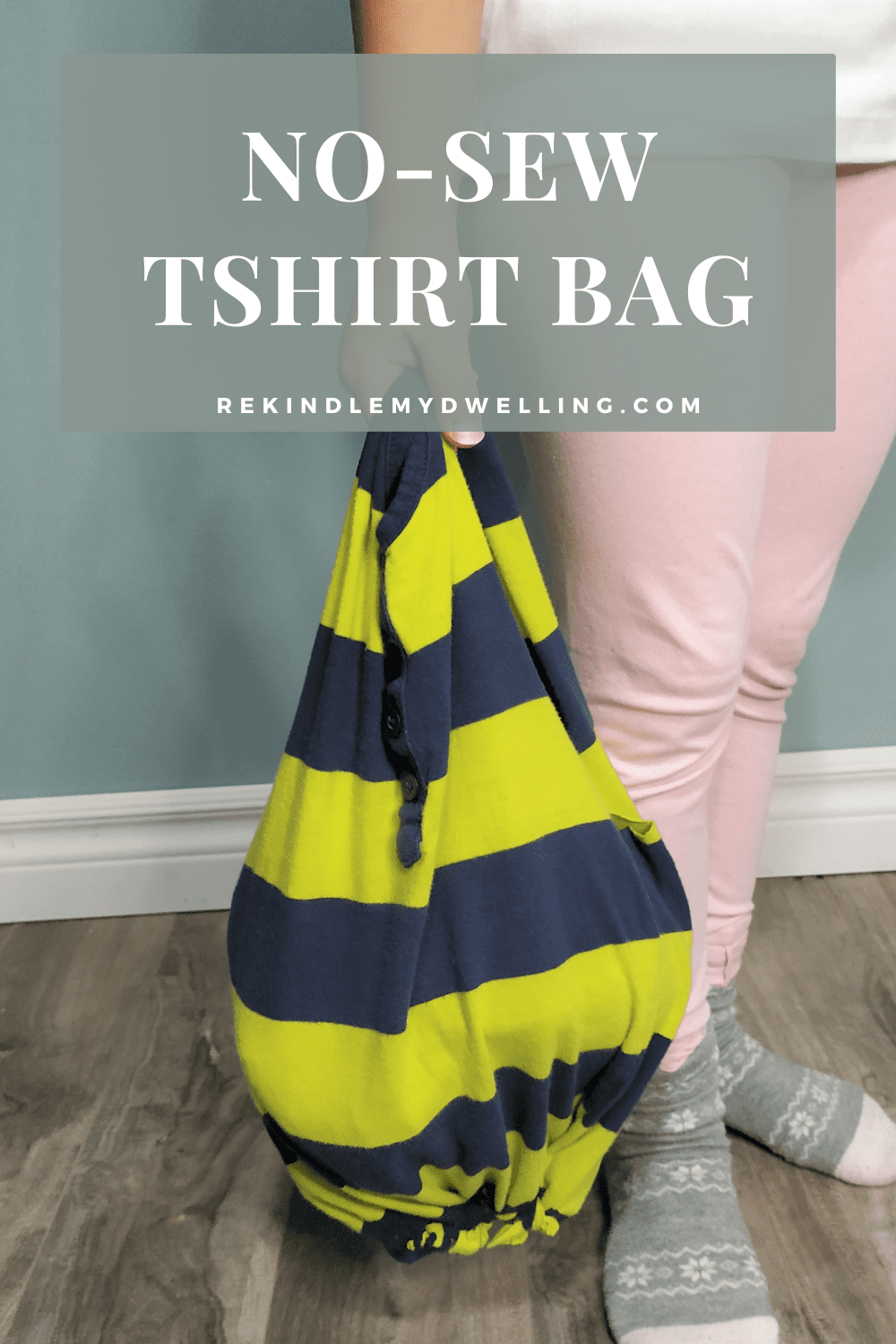Child holding a no-sew tshirt bag with text overlay.