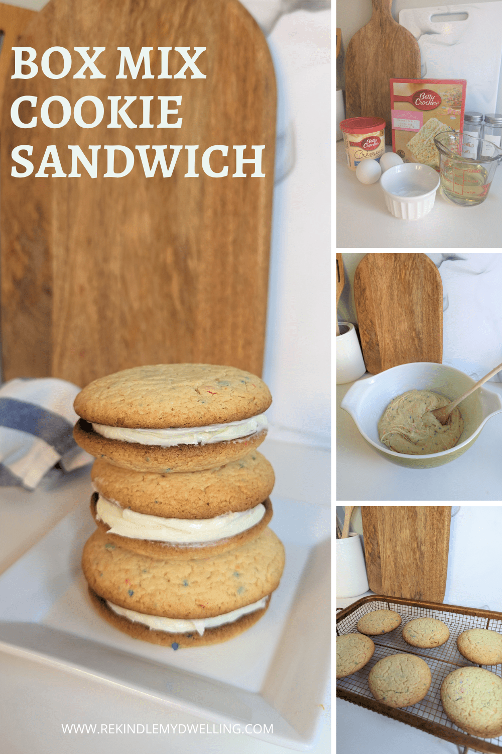 Collage showing how to make a cake mix cookie sandwich with text overlay.