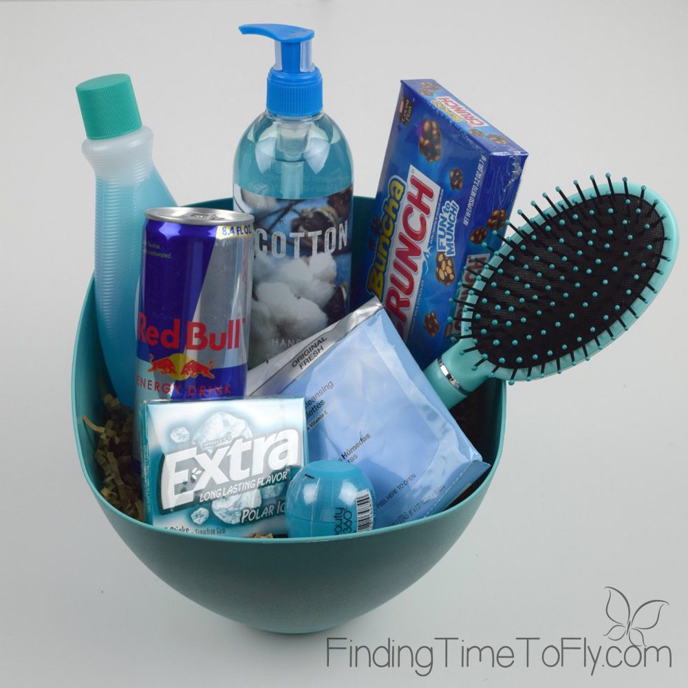 Gift basket filled with blue themed items.