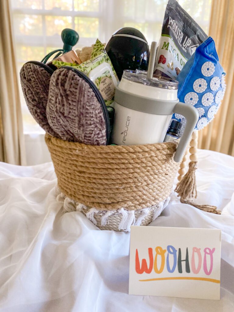 Gift basket filled with wellness products.