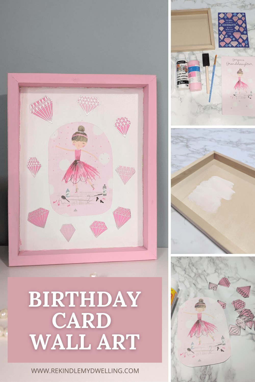 Collage of process showing how to make wall art using birthday cards.