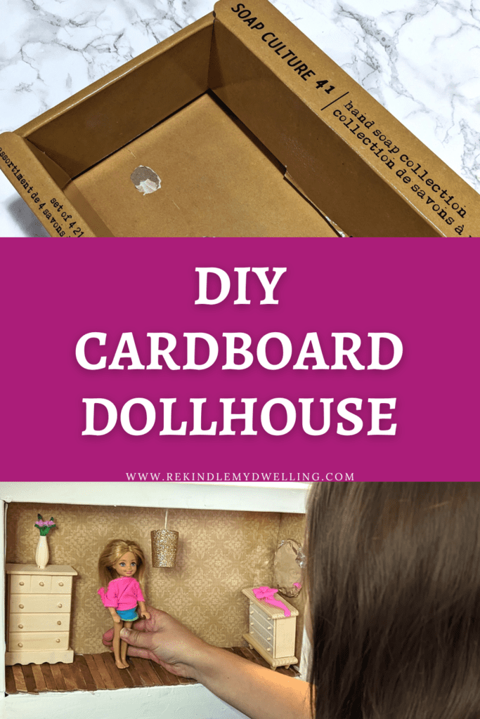 Collage showing how to make a cardboard doll house with text overlay.