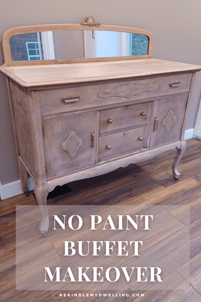 Antique buffet makeover with text overlay.