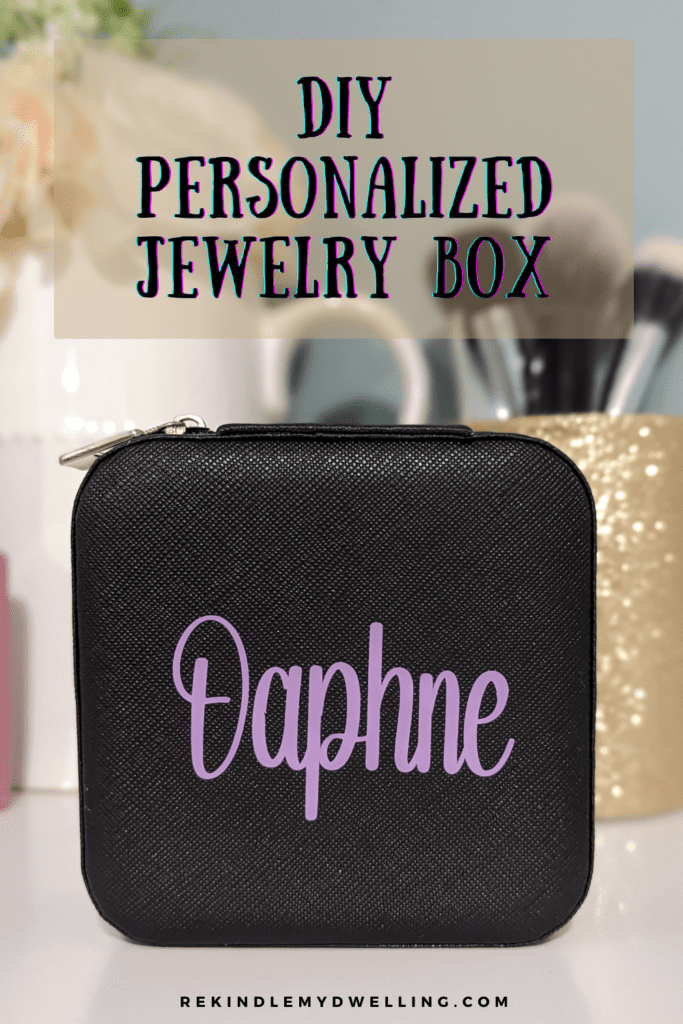 Personalized jewelry box with text overlay.