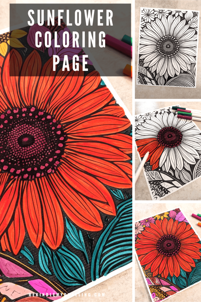 Collage of a sunflower coloring page with markers.