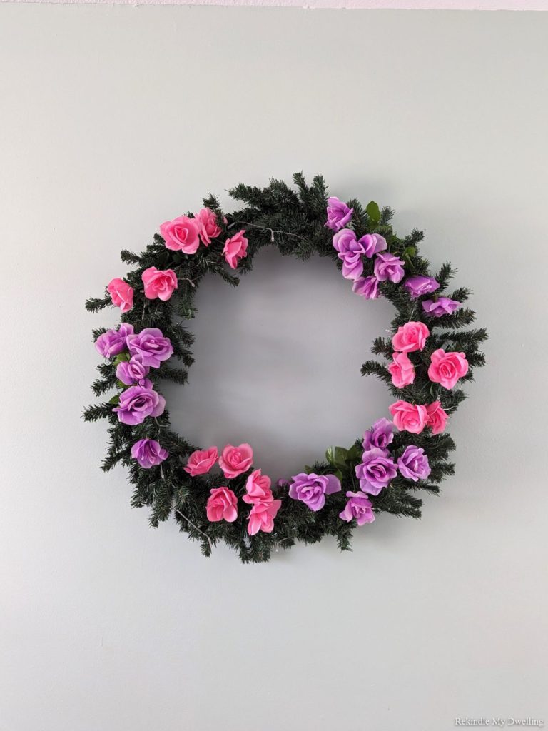 Spring wreath with dollar store flowers.