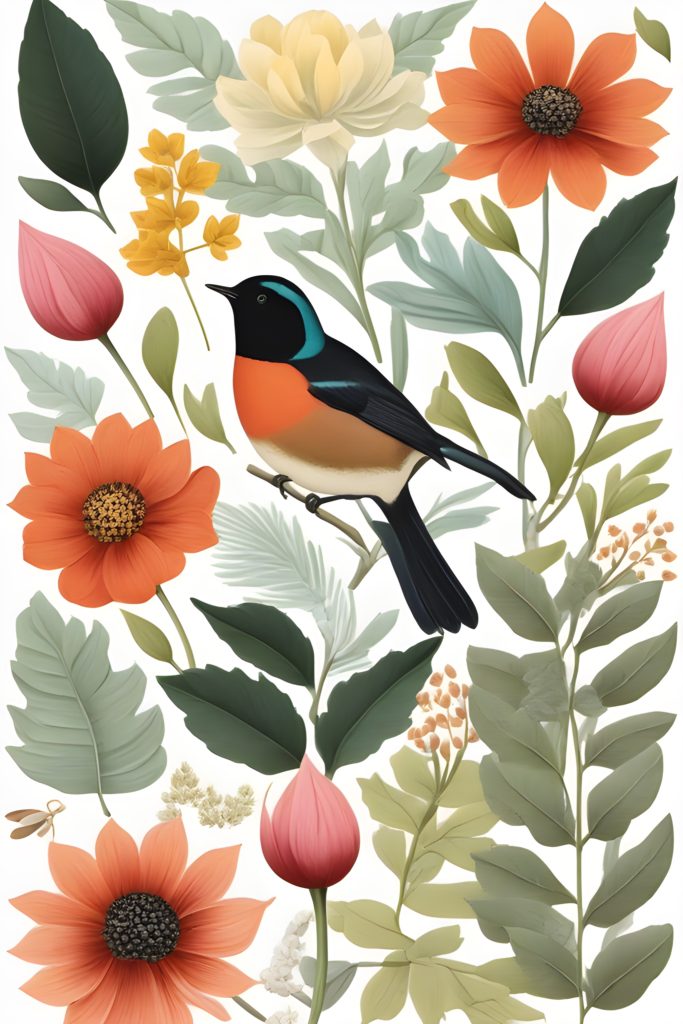 free printable spring art featuring flower, greenery and a bird.