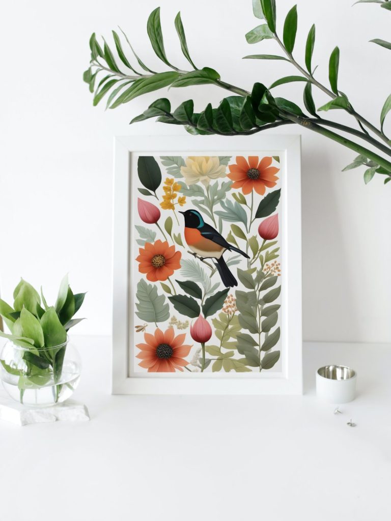 free printable spring art in a frame among plants and decor.