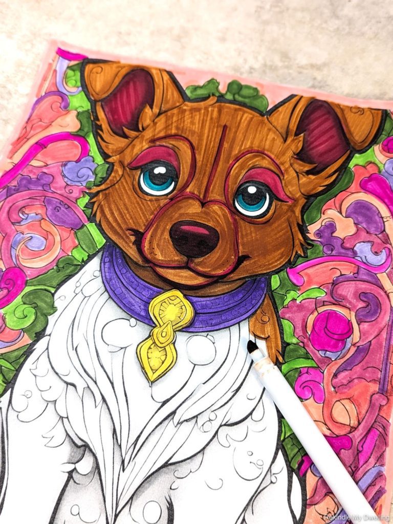 Puppy coloring page decorated with colors.