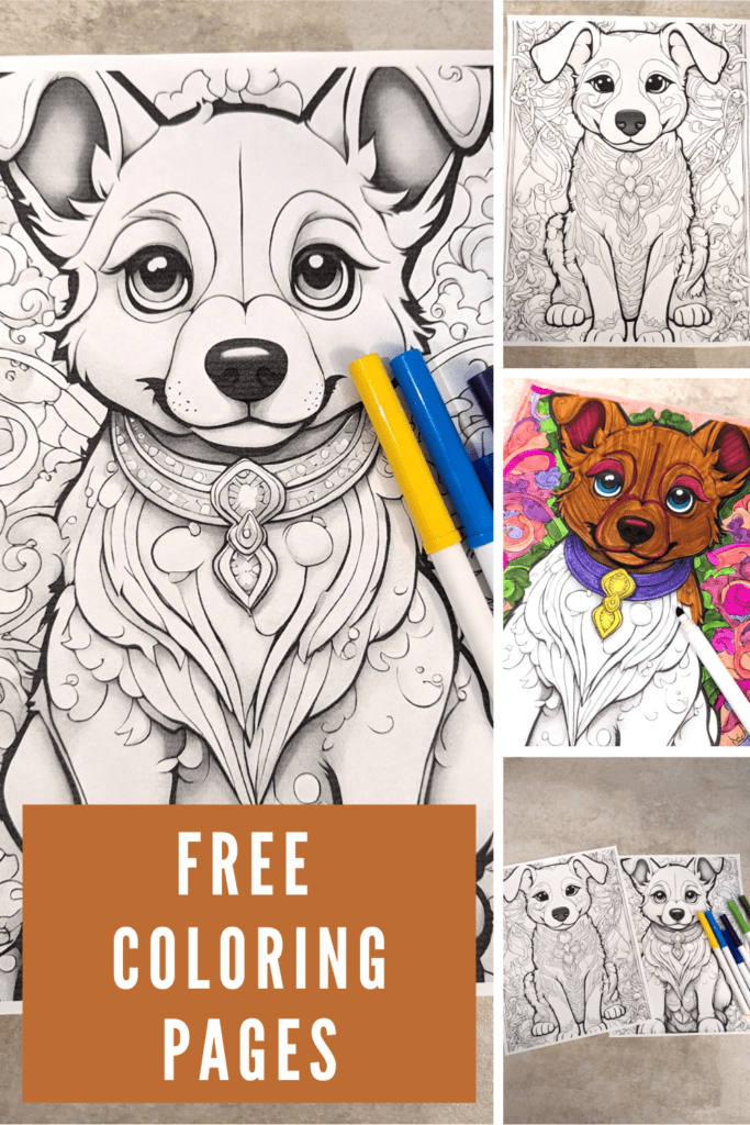 Collage with text overlay of free puppy coloring pages.
