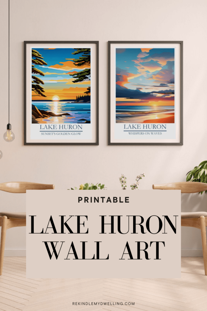 Lake Huron wall art with text overlay.